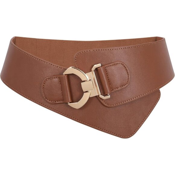 Women's Wide Elastic Stretch Waist Belt Adjustable Dress Belt Matte Brown Gold - Picture 1 of 7